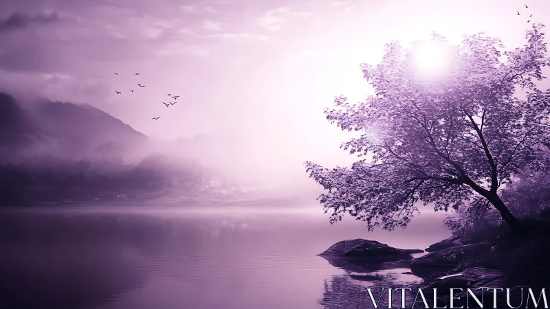 Lavender dawn over misty lake with lone flowering tree.