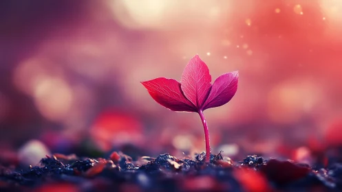 Red seedling with three leaves grows from soil in soft bokeh