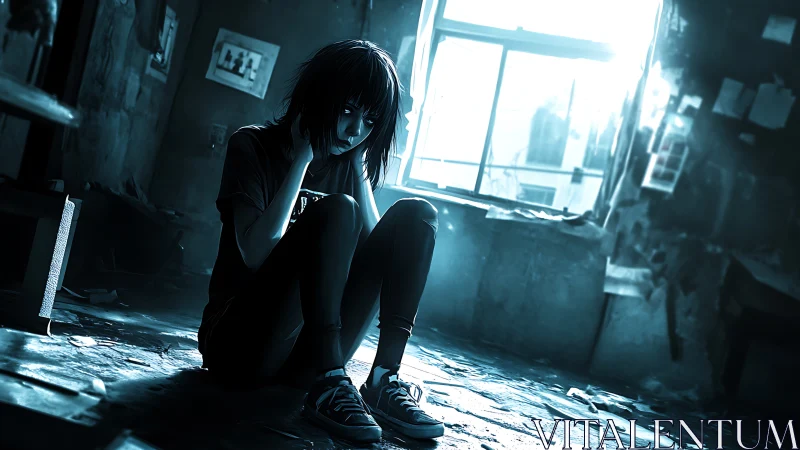 Desaturated urban room with solitary girl in cyan backlight.
