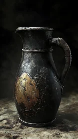 Weathered metal jug with worn handle in dark setting.