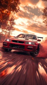 High-velocity drift dynamics of red rally coupe at sunset.