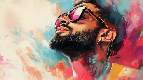 Confident man in sunglasses gazes upward in vivid color haze