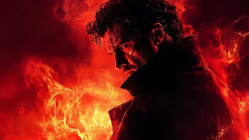 Solitary male silhouette emerges from infernal red flames