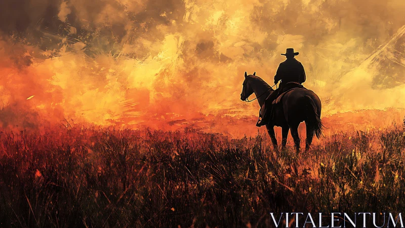 Cowboy silhouette riding horse across burning prairie at dusk.