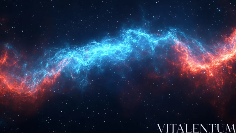 Cosmic blue and red nebula stream arcs across deep space.