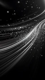 Silver particle streams curve through deep black void.