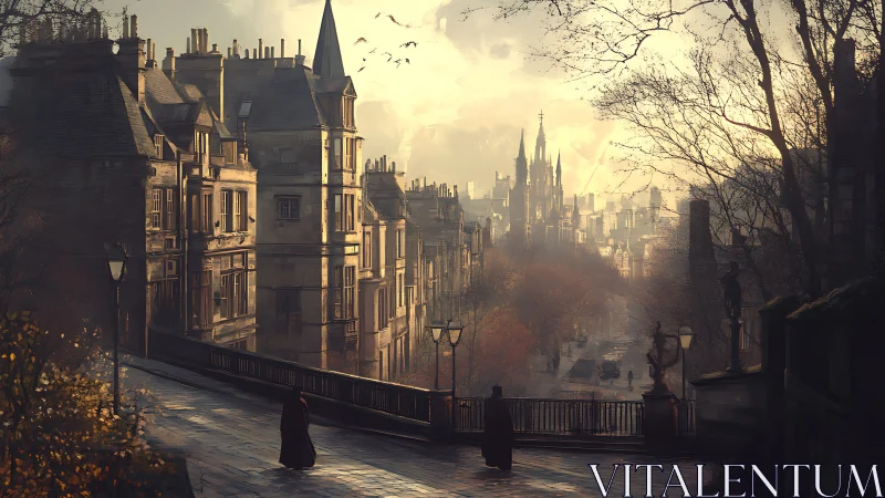 Historic city street and distant cathedral in soft dusk light.