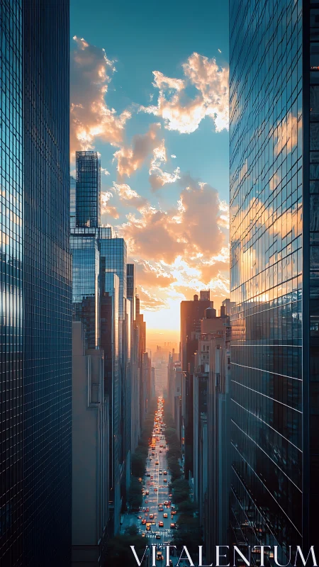 Sunlit urban canyon with reflective glass skyscrapers at dusk.