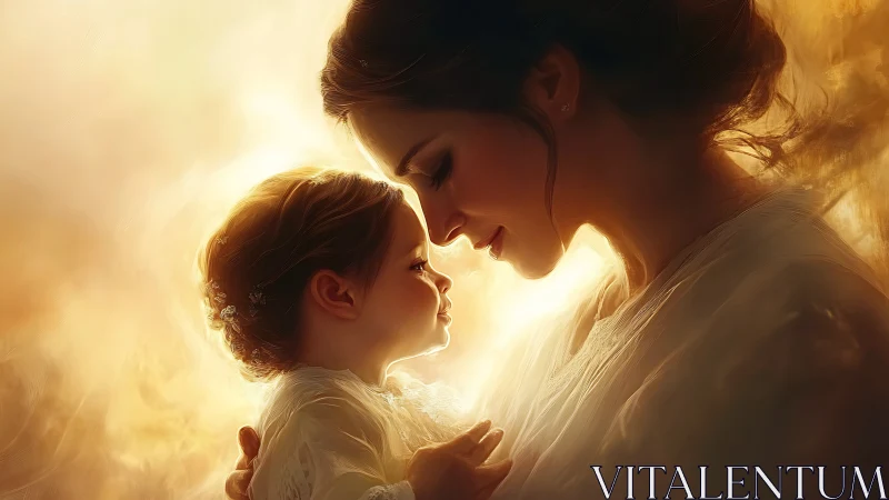 Mother and child embrace in ethereal golden light.