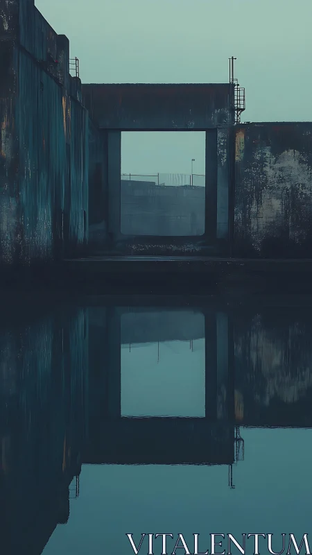 Quiet industrial gate mirrors softly over still harbor waters