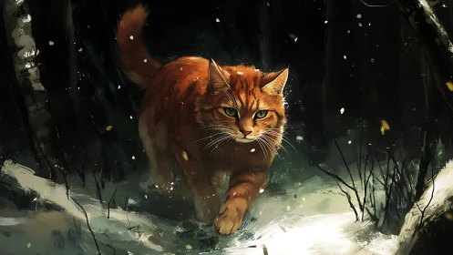 Predatory ginger feline traversing high-contrast winter understory.