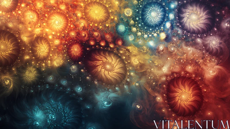 Fractal spiral clusters form a multi‑colored radial field