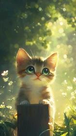 Luminous Kitten Perched on Weathered Wood Post.