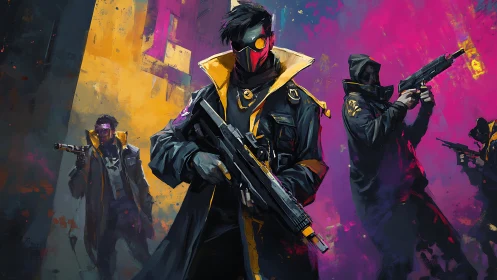 Neon masked squad stalking through a glowing urban alleyway.