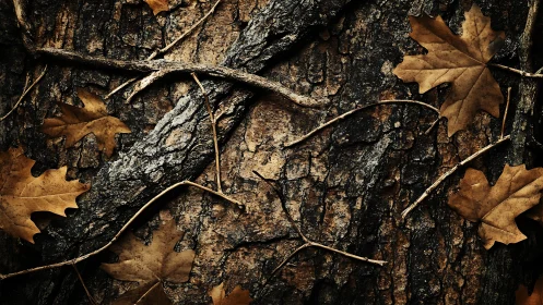 Dry oak leaves and slender twigs on textured tree bark.
