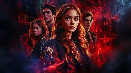 Haunted young heroes stand amid crimson supernatural flames.