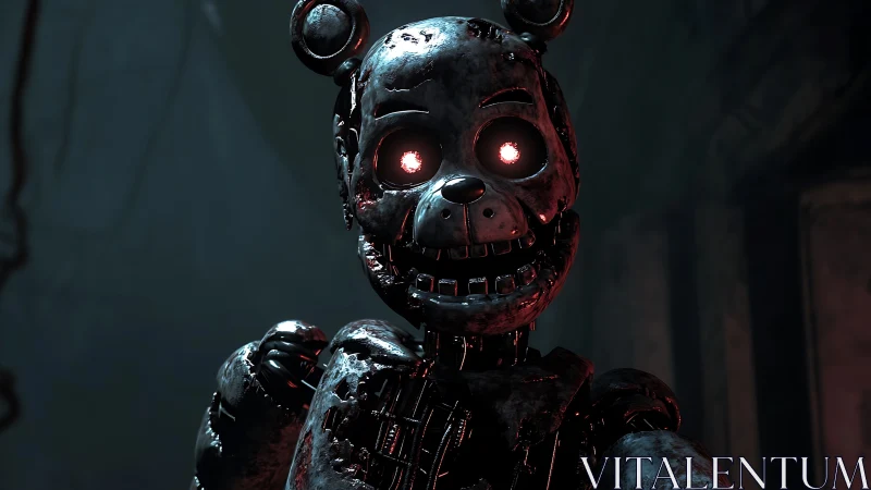 Corroded animatronic bear with glowing red optical cores.