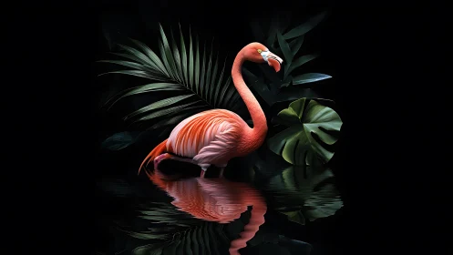 Graceful flamingo stands in dark tropical lagoon stillness