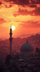 Minaret and domed mosque silhouette under dense crimson sunset