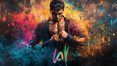 Male fighter central portrait amid dynamic splatter color field