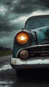 Weathered vintage car front on wet road under storm clouds.