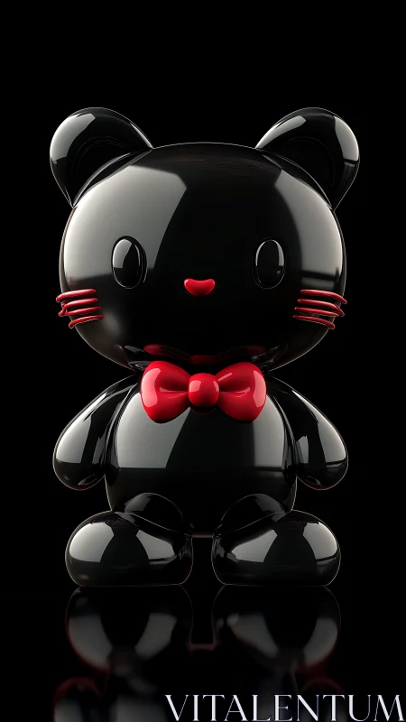 Glossy black kitty toy with a bright red bow and charm.