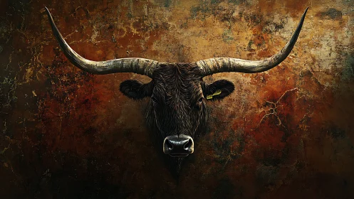Majestic longhorn portrait glowing against rustic bronze wall.