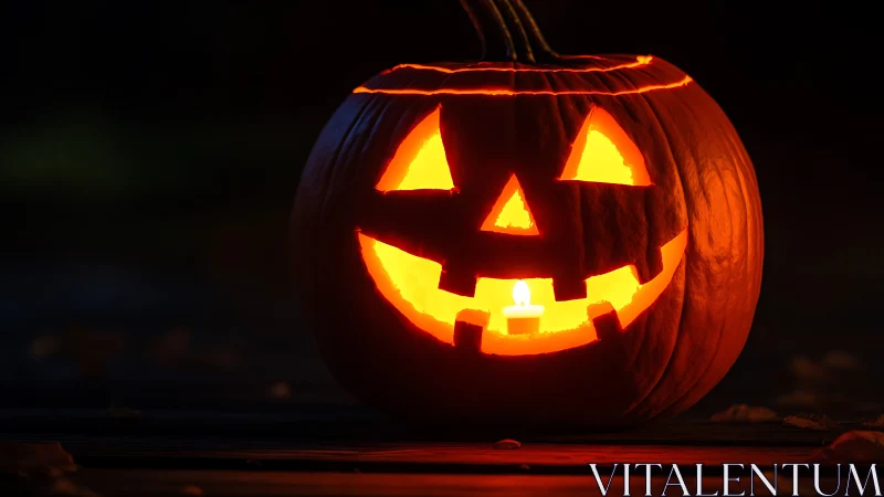 Candlelit carved jack o lantern with glowing orange interior