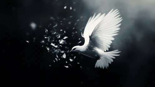 White dove in flight scattering feathers over dark void.