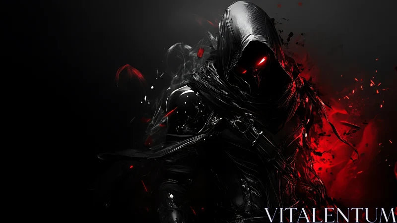 Hooded cyber reaper in red-black abstract shroud composition.