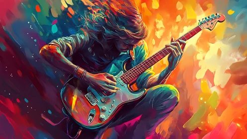 Electric guitarist in neon abstract color storm painting.
