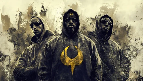 Urban eclipse trio in gilded hoodies and stormy shadows.