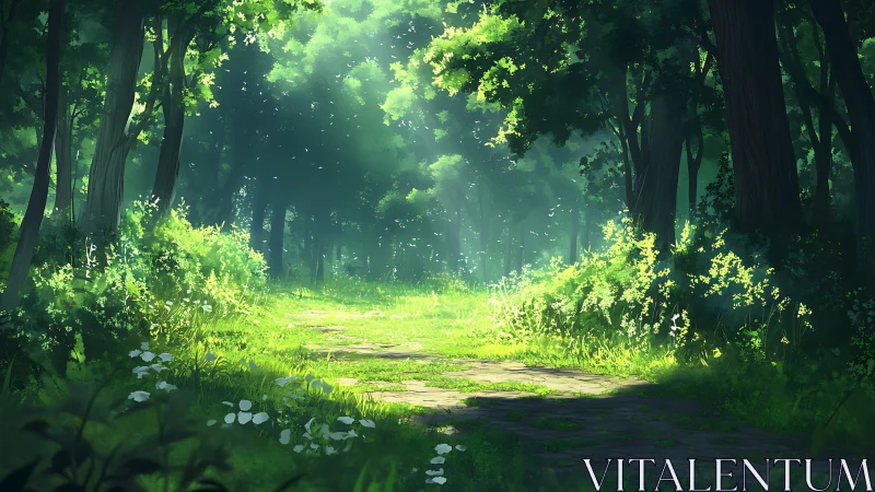 Forest Cathedral: Atmospheric Digital Rendering with Ethereal Light.