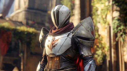 Armored sci fi guardian stands in sunlit urban courtyard