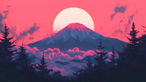 Digital neon landscape with silhouetted pines and volcanic peak.