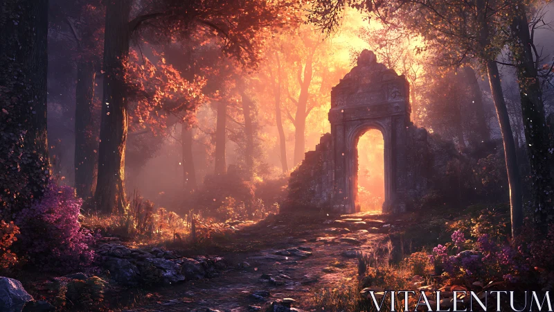 Luminous forest portal through weathered stone archway ruin.
