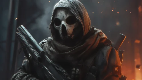 Hooded skull-masked soldier in burning urban ruins.