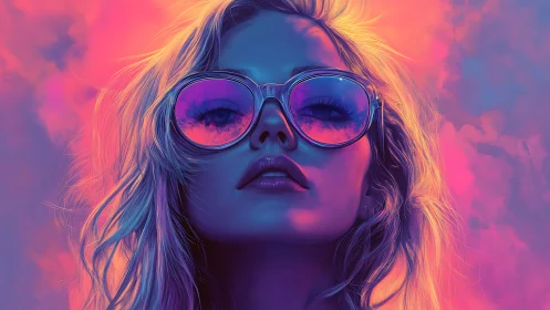 Neon-lit female portrait renders chromatic sunglasses reflection