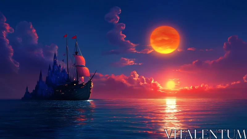 Moonlit voyage beside a glowing castle at rosy sunset.