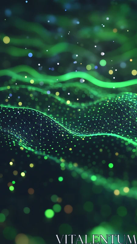 Green particle waveforms form layered digital landscape structure