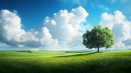 Solitary tree on open grassland under cumulus cloud field.