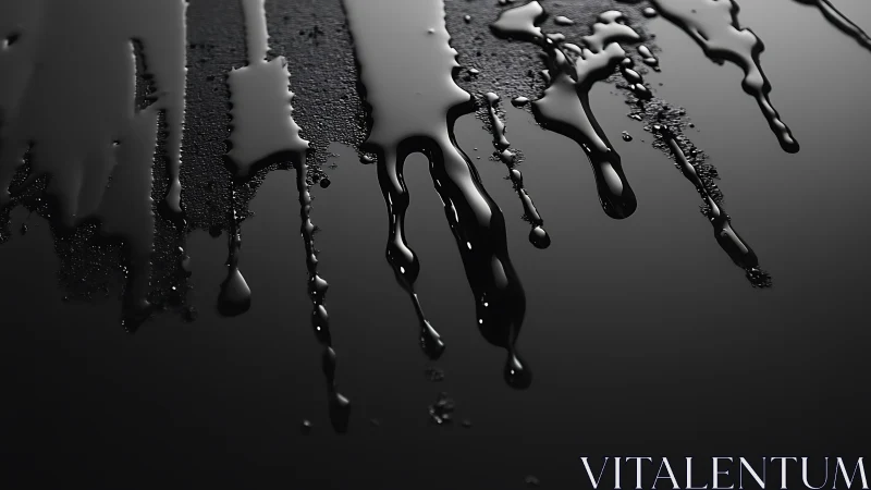 Photorealistic black liquid drips on reflective surface study.