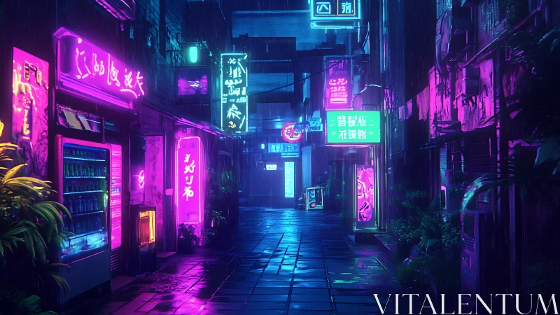 Neon lit urban alleyway with rain and vending machines.