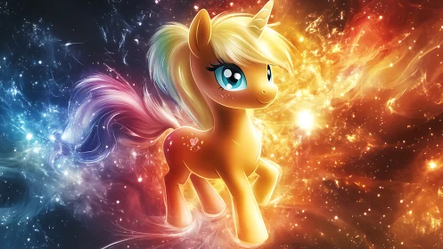 Golden cartoon unicorn pony in dual‑colored cosmic nebula.