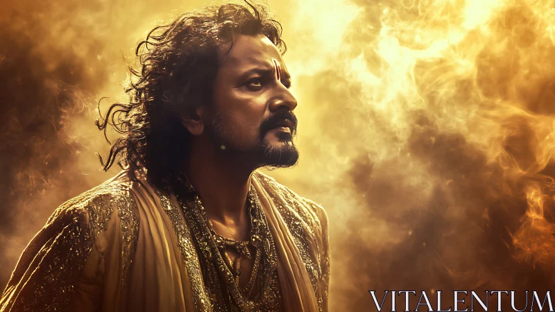 Regal man gazes upward amid swirling golden light and smoke