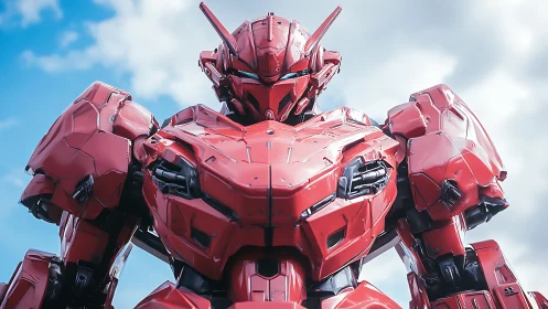 Red combat mech stands under daylight sky in close view