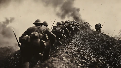 World War infantry advances through smoke along cratered embankment