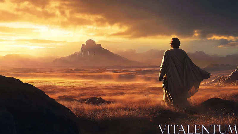 Lone wanderer surveys glowing desert at storm-lit sunrise.