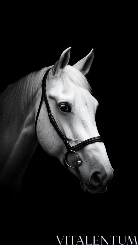 High contrast profile of white bridled horse on black ground