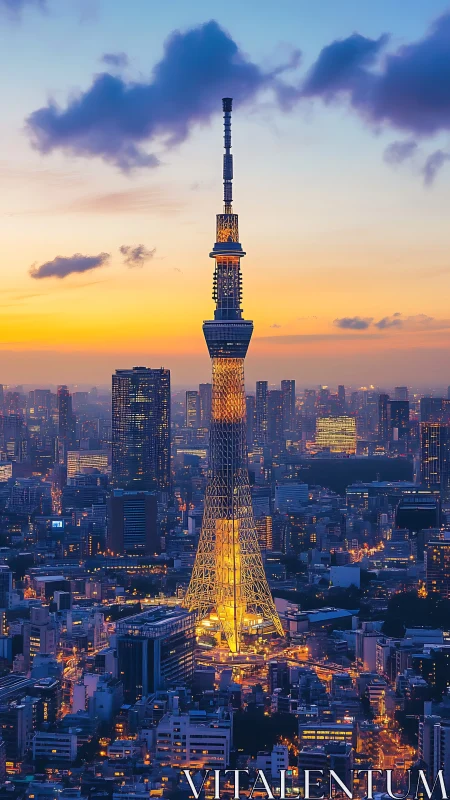 Illuminated broadcast tower dominating dusk urban topology.